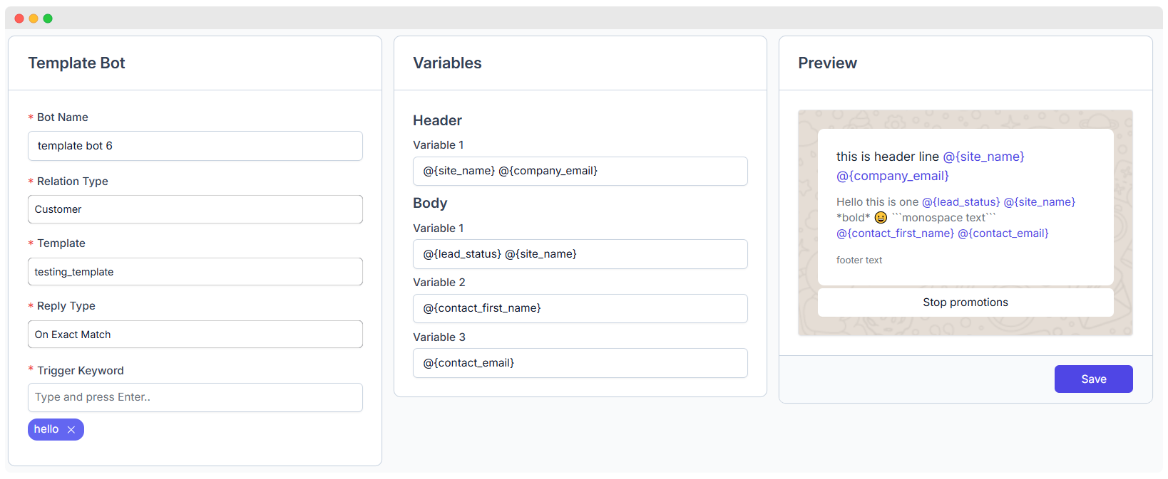 Template Bot Preview Interface
